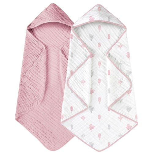 Yoofoss Hooded Baby Towels for Newborn 2 Pack 100% Muslin Cotton Baby Bath Towel with Hood for Babies, Infant, Toddler and Kids, Large 32x32Inch, Soft and Absorbent Newborn Essential