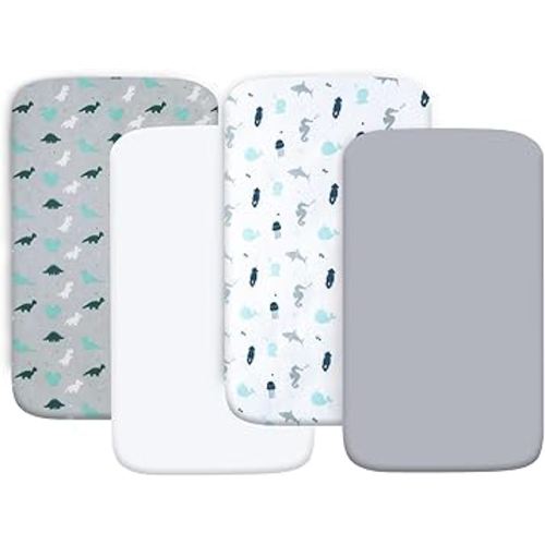 Crib Sheets for Boys or Girls 4 Pack, Baby Crib Sheets 52'' x 28'' for Standard Crib & Toddler Mattress, Soft and Breathable Material, Baby Crib Sheet Neutral, Grey Dinosaurs & Ocean
