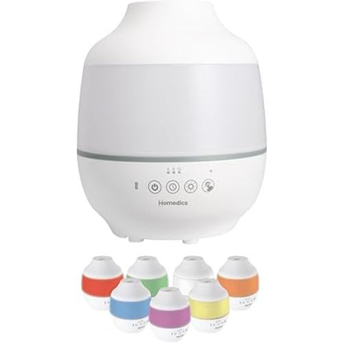 Homedics TotalComfort Humidifier – Large Air Humidifiers for Bedroom, Plants, Office – Cool Mist, Essential Oil Pads and Built-In Timer, 7-Color Night-Light, 2 Mist Settings, White