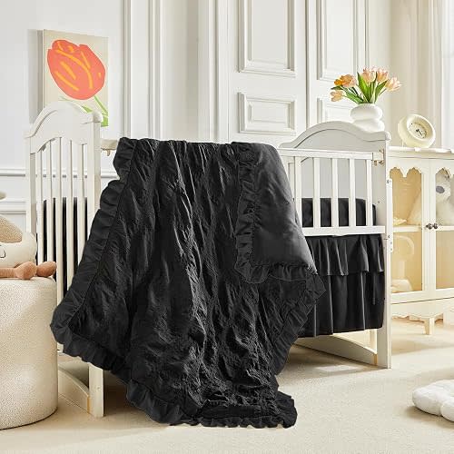 Ruffled Crib Bedding Set Baby Boho Quilted Comforter with Fitted Sheet and Bed Skirt - Cute Soft Breathable Seersucker Ruffled Shabby Chic Bedding Soft Blanket Design - Black