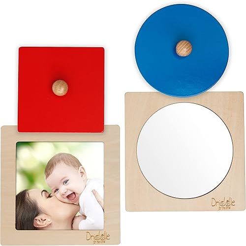 Montessori Toys - Wooden Knob Shape Puzzles - Mirror & Photo Insert - Learn Colors & Shapes Interactive Baby & Toddler Toys
