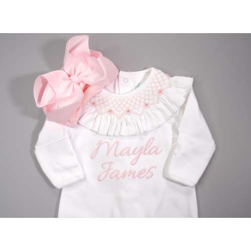 Smocked Roses Romper Coming home, Luxury footie embroidery details, hospital outfit picture, babygift, pinkbows, 100% Pima, sleeper, ruffles