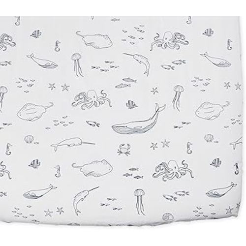 Pehr Crib Sheet, Life Aquatic | Breathable Brushed Organic Cotton for Soft Sleep | Fits Standard Crib Mattresses up to 52”L x 28”W x 8”H
