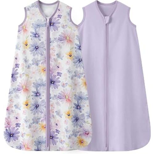 Nyessmee Baby Sleep Sack 0-6 Months 0.5 TOG, 100% Cotton Baby Wearable Blanket 2 Pack with 2-Way Zipper, Lightweight Sleep Bag for Boys & Girls Newborn Infant Breathable Sleeing Sack Purple Flower