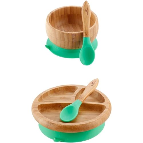Avanchy Bamboo Baby Bowl + Baby Plate + 2 First Stage Spoons. Removable Suction Bottoms.