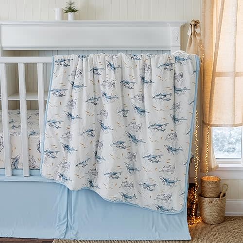 Brandream Baby Nursery Crib Bedding Set for Boys Girls, 3 Pieces Includes Stretchy Ultra Soft Jersey Knit Crib Sheet, Quilted Comforter, Crib Bed Skirt, Ocean Theme Whale Family, Blue White