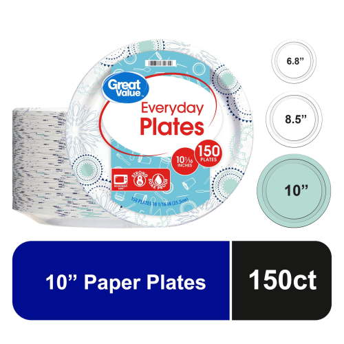 Great Value Disposable Paper Plates, 10in, Soak Proof, 150ct