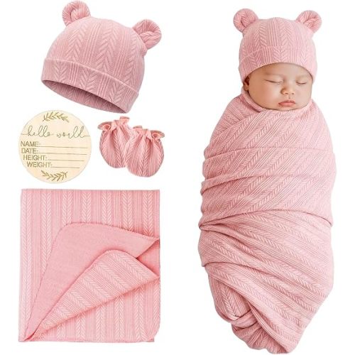 DRESHOW BQUBO Newborn Receiving Blankets for Baby Girl Boy Swaddle with Bear Hat No Scratch Mittens Announcement Card Set for 0-3 Months