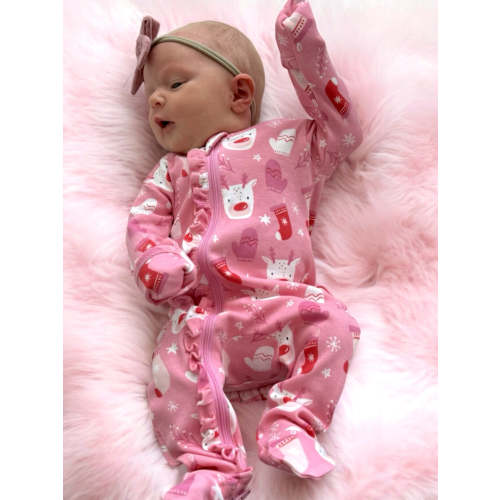 Reindeer Pink / Organic Frill Zip Footie (3-6 Months)