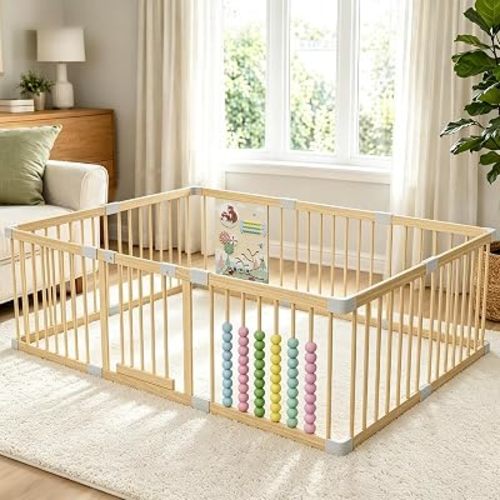 Wooden Baby Playpen, Indoor Play Yard for Toddlers, Stable Fixed 78"x53"
