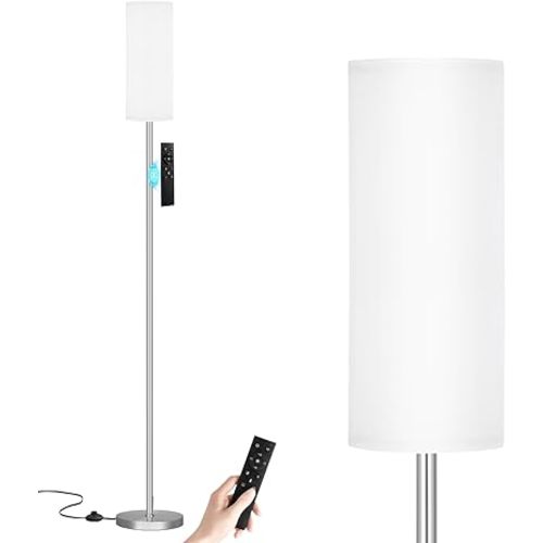 Ambimall 64'' Floor Lamps for Living Room with Remote Control and Stepless Dimmable Colors Temperature & Brightness, 9W Bulb Included(White Lampshade & Silver Pole)