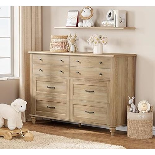 WAMPAT Baby Dresser with 8 Drawers for Kids Room, Farmhouse Kids Dresser Wooden Double Dresser for Bedroom, Wide Dresser Organizer for Children’s Bedroom, Nursery Furniture, 54 Inch, Oak