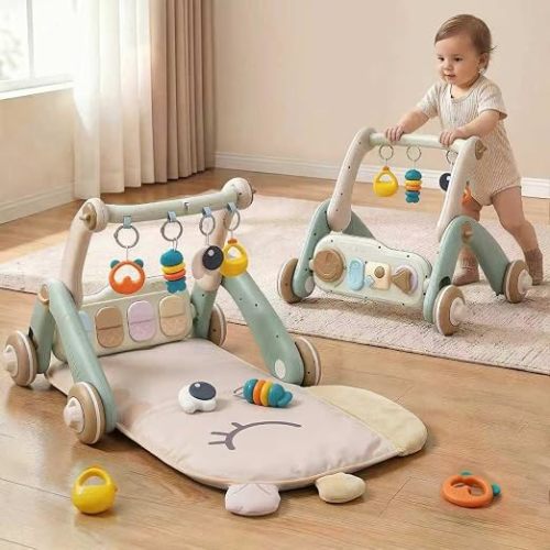 2 in 1 Baby Gym with Walker,Baby Play Mat with Sensory Toys [White]