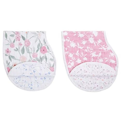 aden + anais 100% Cotton Muslin Burpy Bib – Multi-Use, Absorbent 4-Layer Burp Cloth and Full-Coverage Snap-Closure Baby Bib in One, Lap-Shoulder Drool Cloth, 22.5” X 11”, 2-Pack, Mon Fleur
