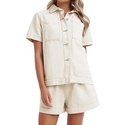 Kedera Summer Denim Set for Women 2 piece Casual Short Sleeve Boxy Shirt Tops and Shorts Pants Lounge Sets Outfits
