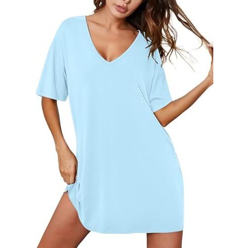 Ekouaer Nightgowns for Women Bamboo Viscose Short Sleeve Sleepshirt