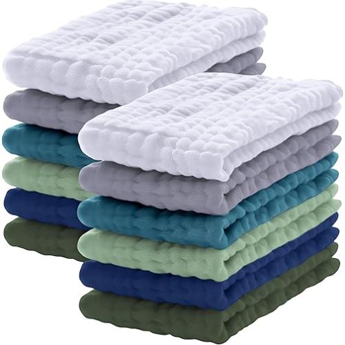 Lovely Care 12 Pack Muslin Burp Cloths 100% Cotton Muslin Cloths Large 20''x10'' Extra Soft and Absorbent Baby Burping Cloth - Slate, Navy & Grey