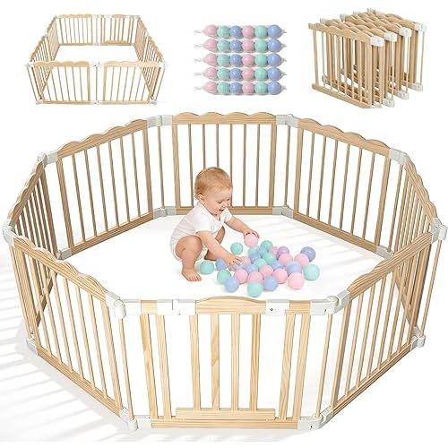 KISKIZ Foldable Wooden Playpen, Pre-Assembled Solid Wood Playpen for Babies and Toddlers, Large Baby Fence Play Area with Locking Gate, Indoor Baby Play Yard, Adjustable Size & Shape, 60 x 60 x 24 in