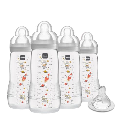 MAM Easy Active Baby Bottle 4 Pack, 11oz, BPA Free, Fast Flow Silicone Nipple, Anti-Slip Grip, Leak-Proof, 4+ Months, Cotton