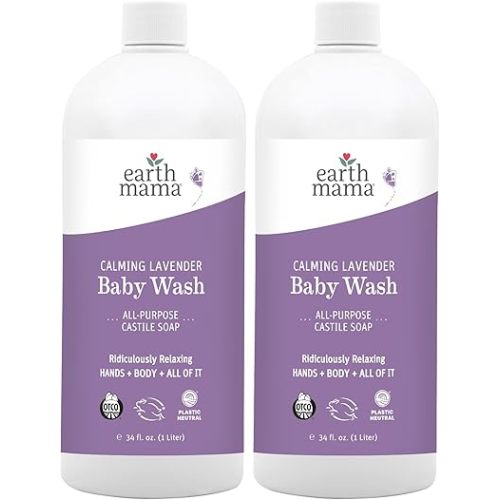 Earth Mama Calming Lavender Baby Wash Liquid Hand Soap Refill, Organic Body Wash for Sensitive Skin, All Purpose Castile Soap Liquid with Coconut Oil, Shea Butter, Calendula & Aloe, 34 fl oz (2-Pack)