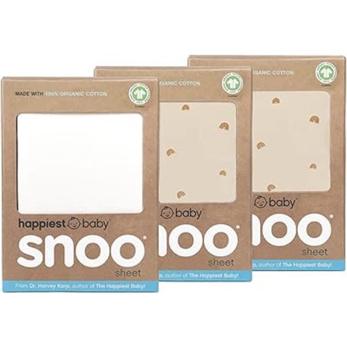 Happiest Baby SNOO Bassinet Fitted Sheet - 100% Organic Cotton Nursery Bedding - Fits SNOO Sleeper Crib Mattress - 3-Pack Bundle (Tab Rainbows (2), Ivory (1))
