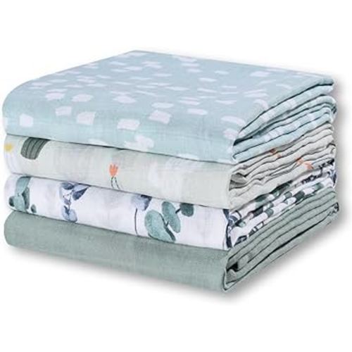 Little Grape Land Muslin Swaddle Blankets 47''x47'' 4 Pack, 100% Cotton Large Size Baby Swaddles for Newborn, Soft Breathable Baby Blankets for Newborns, Green