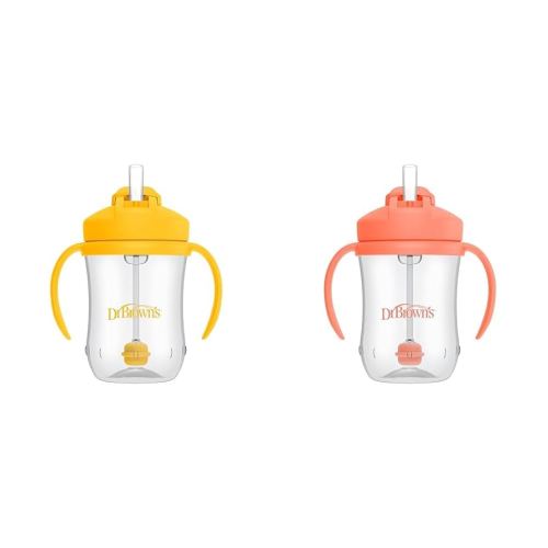 Dr. Brown's Baby's First Straw Cups, Training Cups with Weighted Straw, Vintage Yellow and Coral, 6m+, Set of 2