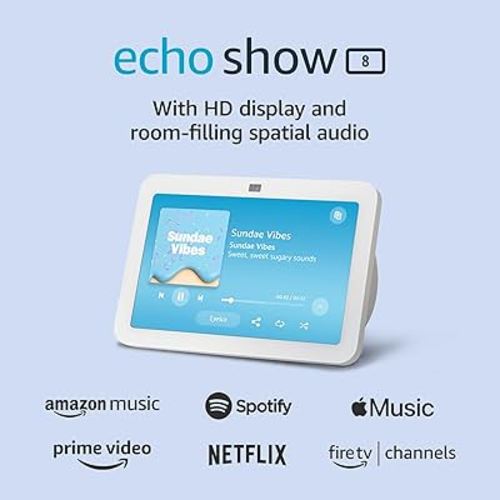Amazon Echo Show 8, With Spatial Audio, Smart Home Hub, ideal for open living spaces, includes Alexa, Glacier White
