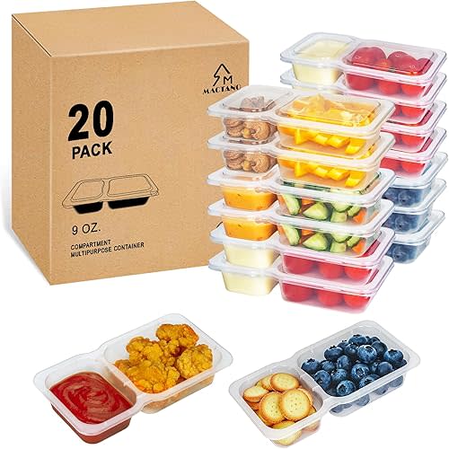 MACTANO 9 OZ Reusable Snack Containers with Lids, New Double Compartment Condiment Snack Pack Containers 20 Sets