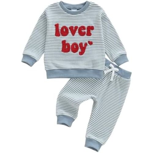 Lesimsam Toddler Baby Boy Valentines Outfit Lover Boy Embroidery Long Sleeve Waffle Knit Sweatshirt and Pants Set