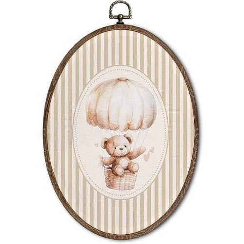FLAWAFLOMA Vintage Bear Nursery Oval Wall Art Decor, Kids Room Canvas Wall Art Framed, Hot Air Balloon Hanging Decorations for Kids Toddler Boy Girl Nursery Room Playroom Decor, 8.6x11.4 Inch