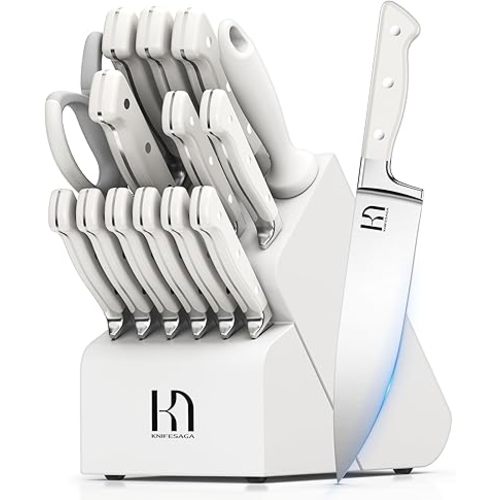 Kitchen Knife Block Set, 15-Piece Enduring Ultra Sharp Knife Set, Japanese High Carbon Stainless Steel, Premium Forged Knives for Kitchen and Professional Chefs, White