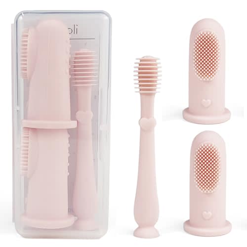 Ali+Oli Baby Oral Care Set (Blush) - Dual-Sided Finger Toothbrush x2, Tongue Scraper, Protective Case - BPA, Phthalate, PVC Free - Food-Grade Baby Care Products for Infants