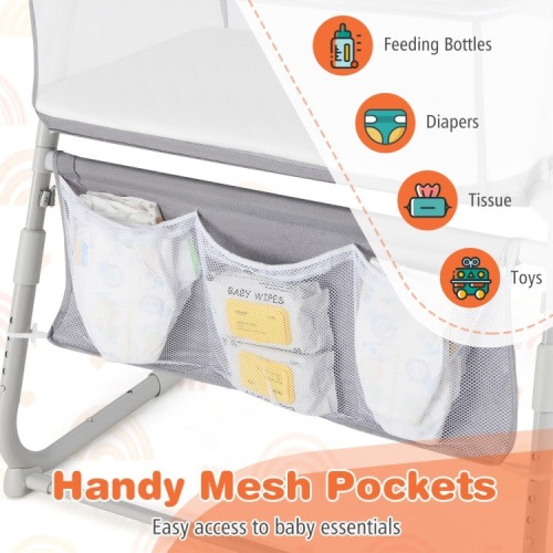 Gray Metal Fabric Mesh Baby Bassinet Bedside Sleeper with Adjustable Height and Storage Pockets - 37" x 27.5"