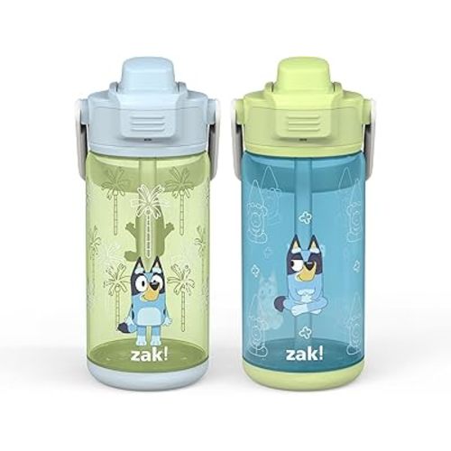 Zak Designs Bluey Kid Water Bottle 2-Pack Set for Travel or At Home, 16oz Plastic is Durable and Leak-Proof with Silicone Spout, Cover, Carry Handle, Protective Base (Bluey and Bingo)