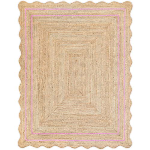 Weaving Village Wave Scalloped Natural Jute Rug Boho Jute Rug Entryway Runner Rug Farmhouse Scallop Rug, Light Pink (6'x9')