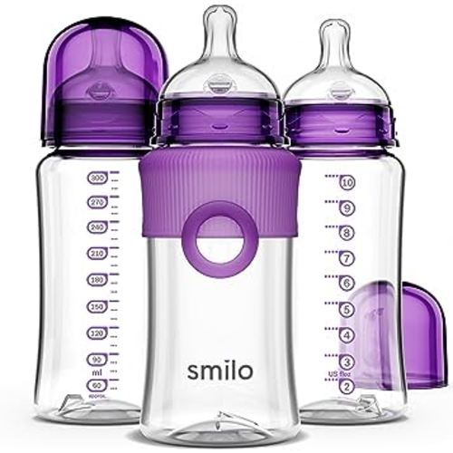 Smilo Baby Bottle Set with Stage 0 Slow Flow Anti Colic Nipple, 10 Oz / 300 ml Capacity, 3X Pack of Anti Colic Baby Bottles 0-3 Months - Plum Purple