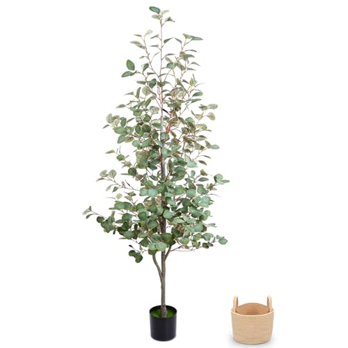 6FT Artificial Eucalyptus Tree, Faux Eucalyptus Trees with Woven Basket | Lush Realistic Leaves, Natural-Looking Wood Trunk, Maintenance-Free Fake Eucalyptus Plants for Indoor Home Office Decor