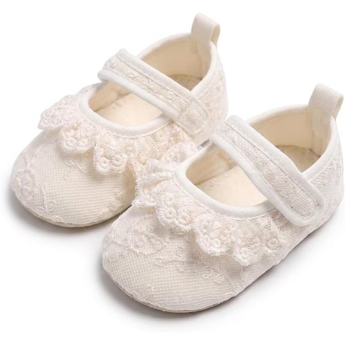 Baby Girl White Dress Shoes Newborn Mary Jane Flats with Bowknot Princess Lace Soft Sole Infant Toddler Walking Crib Shoes