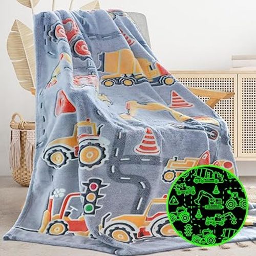 Glow in The Dark Blanket Boys Gifts for Kids Fuzzy Cozy Warm Soft Fleece Glowing Tractor Blankets for Bed Sofa Couch Unique Gifts Construction Truck Throw Blanket for Boys Teens 50"×60"