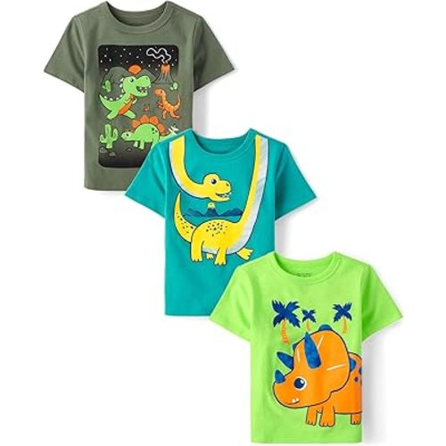 The Children's Place Baby Boys' and Toddler Dino,Animals,Sharks Short Sleeve Graphic T-Shirts,3 Pack