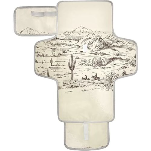 West Desert with Cowboys Portable Diaper Changing Pad - Waterproof Foldable Baby Diaper Changing Pad with Built-in Pillow, Travel Diaper Changing Mat for Newborn Baby