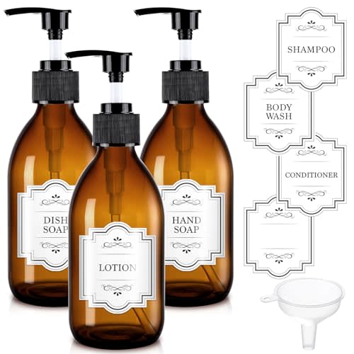 8 oz Amber Glass Soap Dispenser, 250ml Glass Pump Bottle for Body Lotion Massage Oil, Refillable Empty Hand and Dish Soap Dispensers Set with Labels - 3 Pack