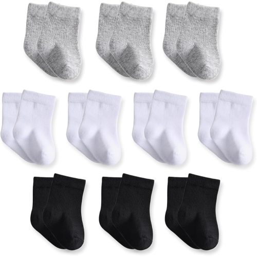Nurtursoft Baby Crew Socks, Cotton Rich Newborn Fit 0–3 Months, Black White Gray 10 Pack for Girls & Boys,XS