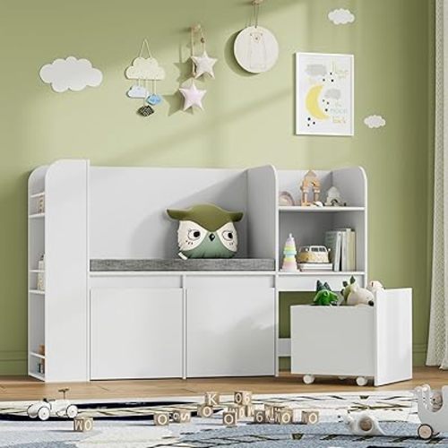 Kids Bookshelf with 3 Movable Drawers, Toy Storage Organizer with Reading Nook and 3-Tier Books, Children Bookcase with Seat Cushion for Kids Rooms, Playroom, Bedroom, School (White)