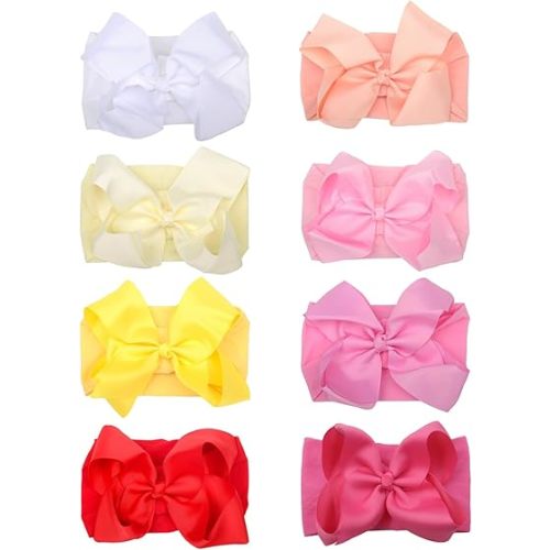 8 Pcs 6 Inch Baby Girl Headbands With Bows Handmade Boutique Grosgrain Ribbon Baby Headbands Soft Nylon Elastic Headband For Newborns Infants Toddlers (8 Pcs Bright Color)