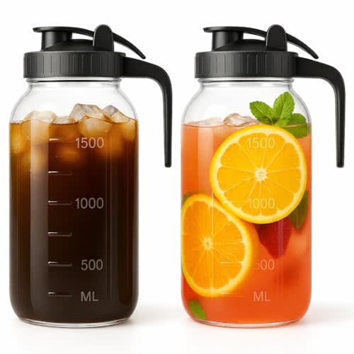Mason Jar Pitcher Set of 2-64oz (2 Quart) Airtight & Leakproof Glass Pitcher with Lid, Perfect for Storing Breastmilk, Cold Brew, Sun Tea, with Easy-Pour Spout Lid
