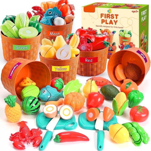 IYHN Play Food Set for Kids, 86pcs Cutting Play Kitchen Accessories, Sorting, Slicing Chef Toys