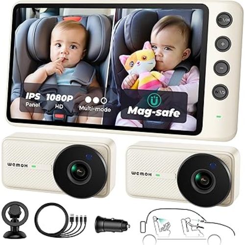#1 Magnetic Double Car Camera for 2 Baby with 5" 1080P IPS Monitor, Auto Night Vision & Magnetic Mount, Zoom/Mirror/Split Modes, USB Powered, 5-Minute Setup, for Rear-Facing Infant, White