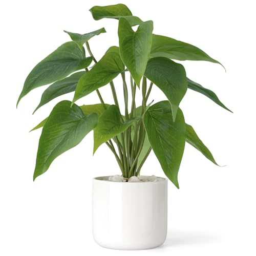 Mkono Fake Plants in Ceramic Pot, 11" Potted Artificial Plants Home Decor | Realistic Faux Green Leaf Plant with White Planter, Fake Pothos, for Desk Shelf Table Office Bathroom Bedroom Decoration